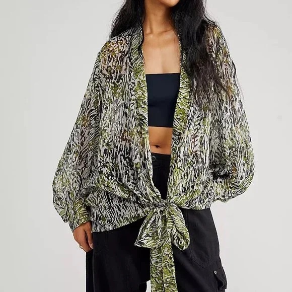 Free People Abstract Zebra Print Tie Front Top - Picture 1 of 3